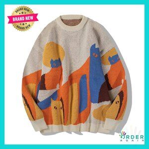 Oversized Graphic Cat Sweater Y2K Vintage Crewneck Pullover Preppy Chic